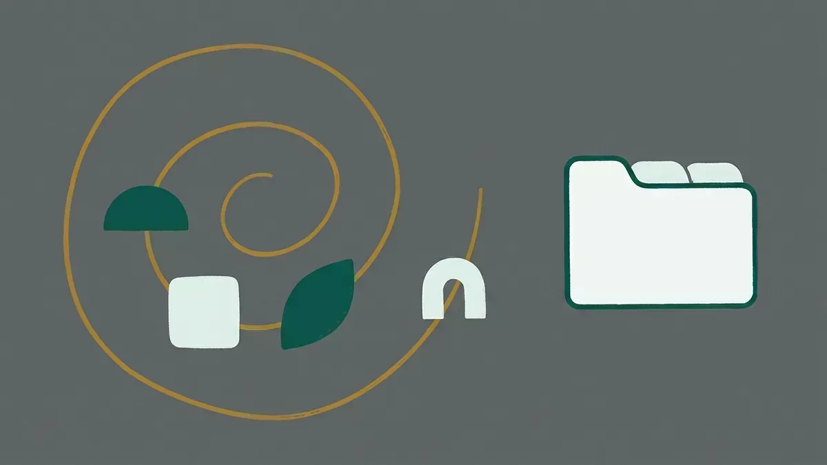 Espiral de uma história com formas simples e uma pasta de portfólio.