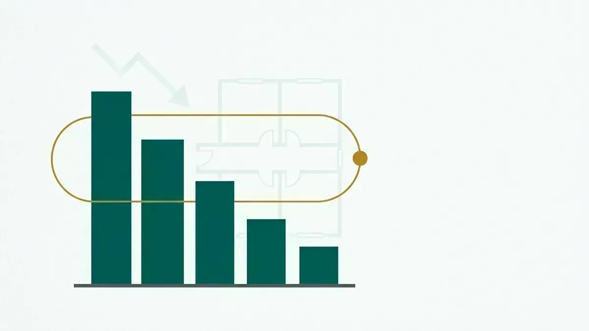 Indicador de infrequência em queda sobre a planta abstrata de uma escola.