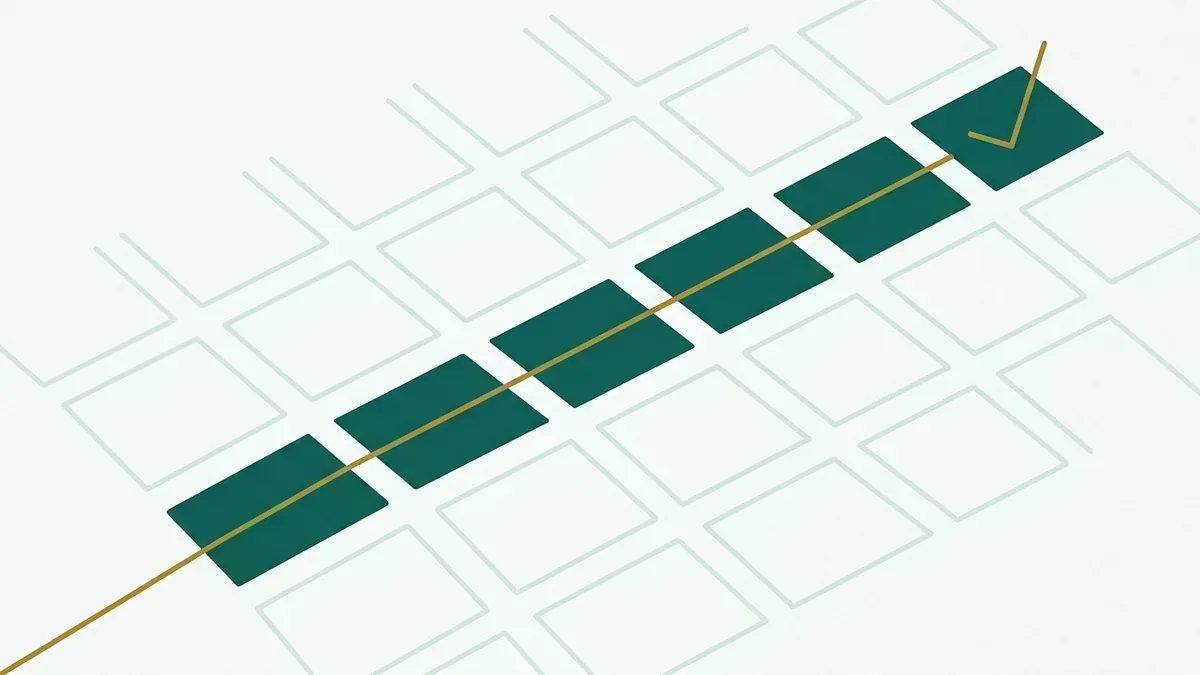 Grade de um plano de ação com um percurso destacado ligando as ações concluídas.