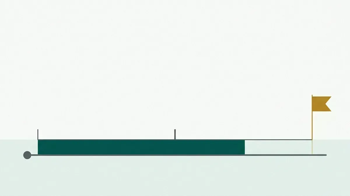 Eixo com ponto de partida, progresso parcial e a meta marcada no fim.